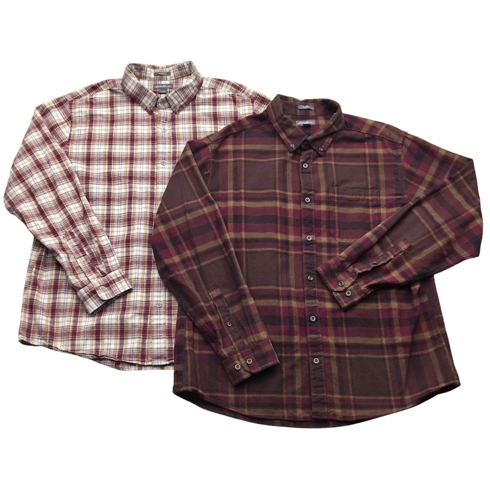 Lot of 2 Eddie Bauer Mens XL Classic Fit‎ Plaid Long Sleeve Button Down Shirts